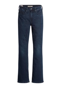 Jeans in denim blu scuro con un design a gamba svasata, cinque tasche e una chiusura con bottone classica in vita. Tessuto morbido di peso medio.