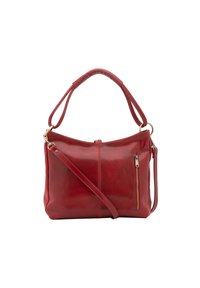 Sac à main en cuir rouge au toucher lisse, avec une fermeture zippée en haut, des poignées courtes et une bandoulière amovible. Poche zippée sur le côté incluse.