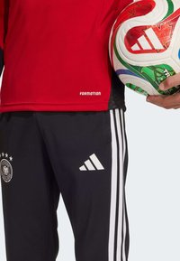 Κόκκινη αθλητική φανέλα με μαύρες λεπτομέρειες, με κείμενο "FORMOTION", συνδυασμένη με μαύρο παντελόνι με λευκ�ές ρίγες και λογότυπο Adidas. Κρατάει μια πολύχρωμη μπάλα ποδοσφαίρου.