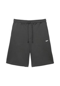 Gray cotton shorts with an elastic waistband and drawstring, featuring a small white logo on the left side. Soft texture, relaxed fit.