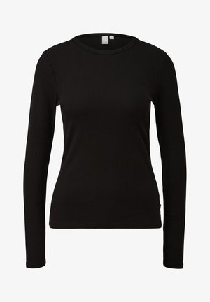 Černý dlouhý rukáv, ribbovaný top s kulatým výstřihem. Hladká textura, přiléhavý střih a malá nášivka na lemu na levé straně.