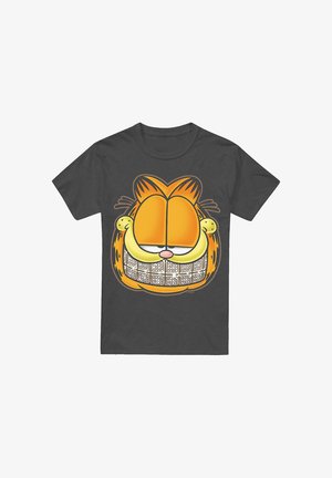Graues Baumwoll-T-Shirt mit einem Cartoon-Design von Garfields Gesicht in leuchtendem Orange und Gelb, ausgeprägten Schnurrhaaren und einem lustigen Grinsen.
