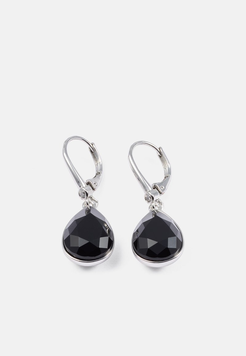 Črne faceted uhani v obliki kapljice z srebrno-toniranjem in majhnimi okroglimi akcenti nad glavno dragocenostjo. Polirana površina, eleganten dizajn.