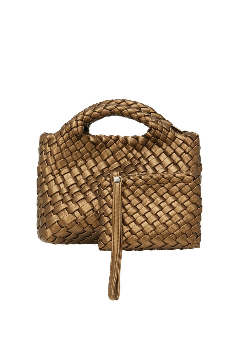 Vævet bronzebag med rund toprem og en frontlomme med lynlås. Har et struktureret mønster, kompakt form og glat finish.
