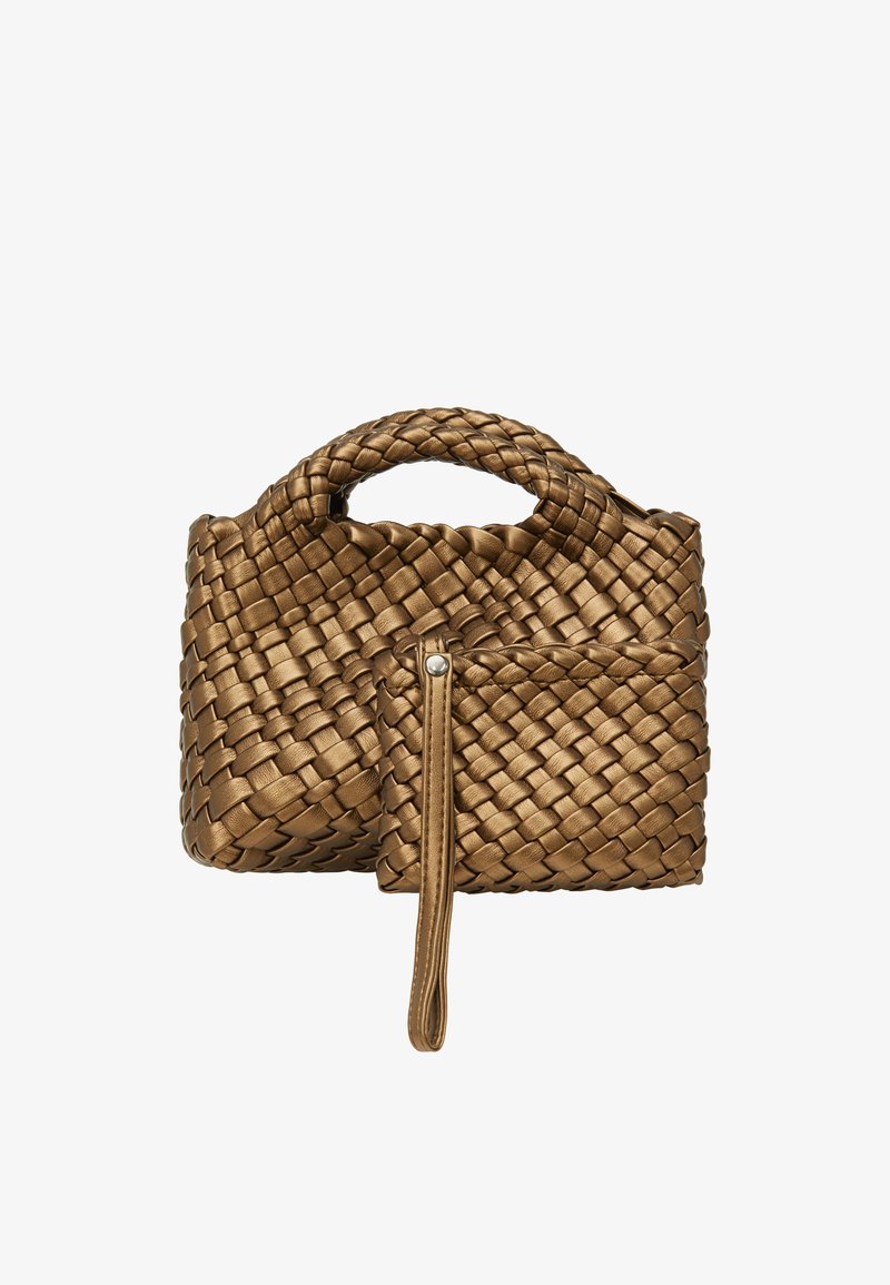 Kudottu pronssi käsilaukku pyöreällä yläkahvalla ja edessä vetoketjullinen tasku. Ominaisuuksiin kuuluu tekstuuri, kompakti muoto ja sileä pinta.