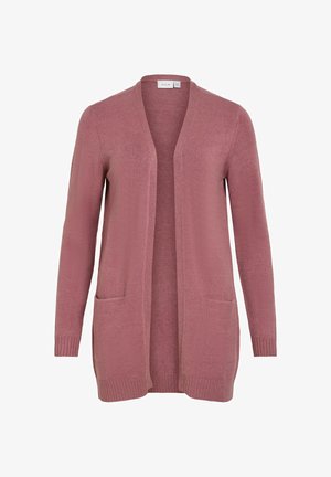 Langermet, åpen front i dus rosa cardigan med to frontlommer og ribbestrikkede mansjetter og kant, laget av mykt strikket stoff.