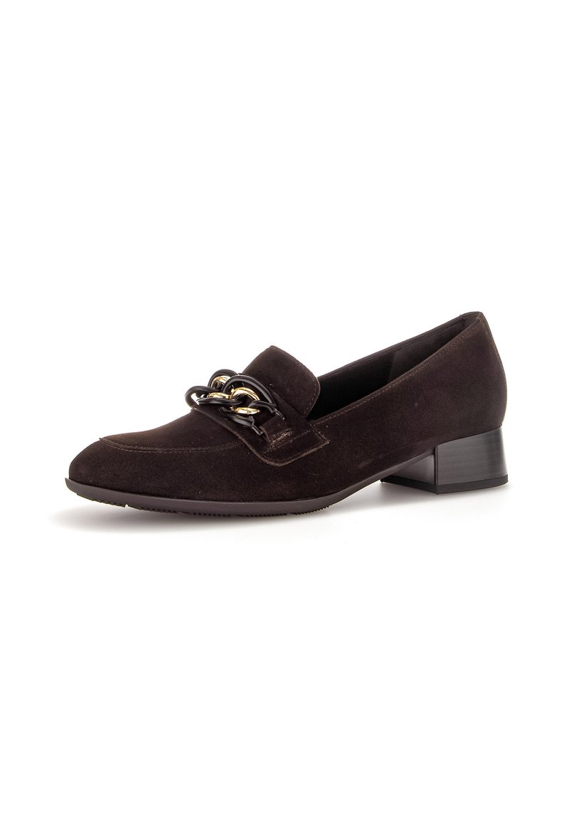 Dark brown suede shoe with a low block heel, featuring a decorative chain accent on the vamp and a pointed toe design.