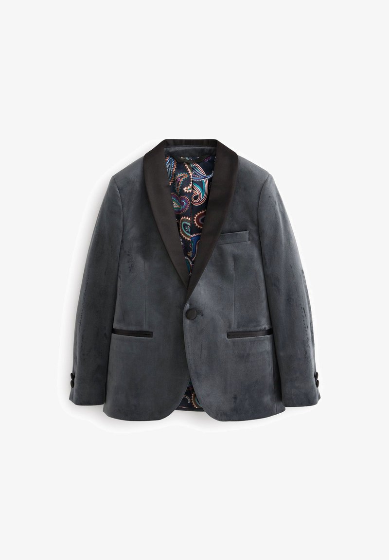 Blazer en suédine grise avec un col châle, fermeture à un bouton, et deux poches avant. Doublé d'un motif paisley coloré.