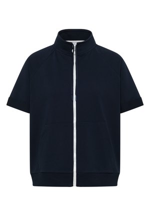 Marineblauw korte mouwen jas met hoge kraag en witte ritssluiting aan de voorkant, met zijzakken en geribde zoom.