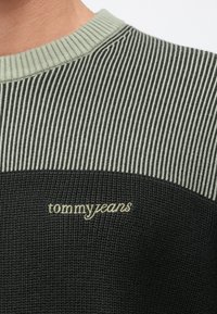 Pletený svetr s tmavě zelenými a černými vodorovnými pruhy, žebrovaným výstřihem a malým vyšitým logem "tommyjeans" v světle zelené barvě.