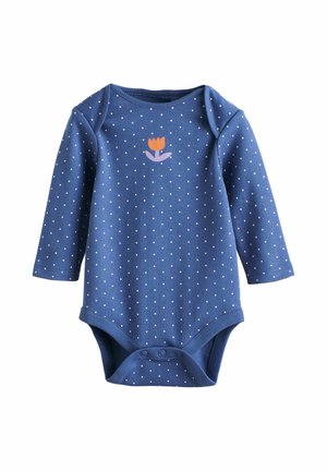 Long-sleeve bodysuit in blue with white polka dots, featuring a floral design in orange and purple. Made of soft cotton with snap closure.