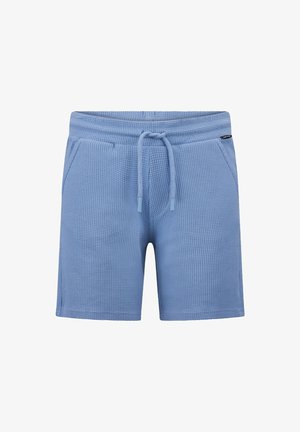 Lyseblå shorts lavet af tekstureret, strikket materiale. Har elastisk taljebånd med snøre og sidelommer.