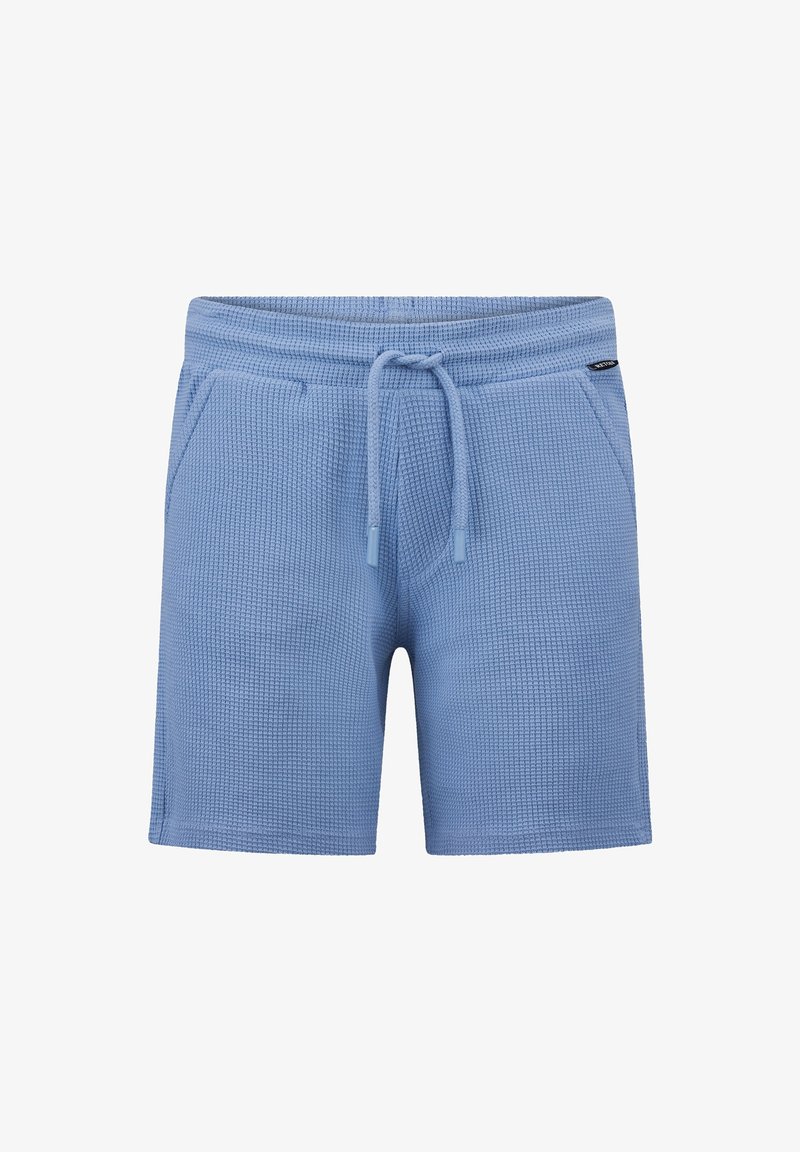 Shorts bleu clair en matière tricotée texturée. Ils sont équipés d'une taille élastique avec cordon de serrage et de poches latérales.
