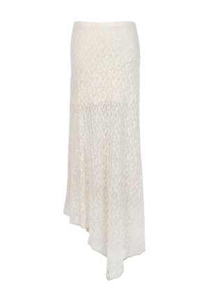 Falda larga asimétrica blanca de encaje con cintura ajustada y estampado floral semi-transparentes que se extiende hasta el dobladillo hasta el suelo.