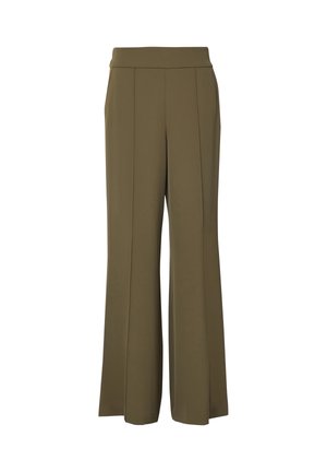 Olivgrüne, hoch taillierte, weit geschnittene Hose mit vorderen Bügelfalten und einem taillierten Bund.