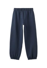 Mørkeblå sweatpants med elastisk talje og sammensnørede manchetter, lavet af blødt, glat stof, med detaljer i sidesømmene.