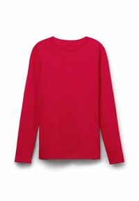 Chemise à manches longues en tissu de coton rouge vif. Présente un col rond et un ourlet droit sans motifs ni embellissements visibles.