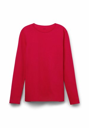 Langemouwenshirt van helderrode katoenen stof. Heeft een ronde halslijn en een rechte zoom zonder zichtbare patronen of versieringen.