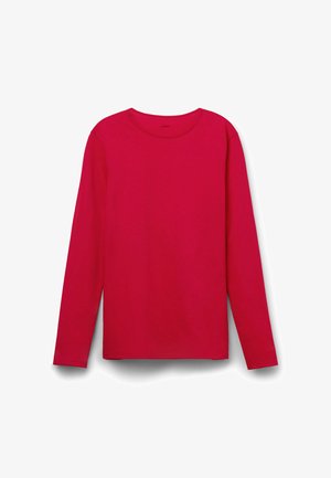 Camisa de manga larga en brillante tela de algodón roja. Presenta un escote redondeado y un dobladillo recto sin patrones ni adornos visibles.