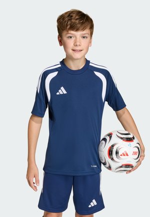 Navy blue Adidas sports outfit comprising a short-sleeve shirt with white accents and matching shorts, accompanied by a patterned soccer ball.