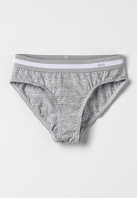 Grijze katoenen slip met een rekbare elastische tailleband met twee witte strepen en subtiele heather textuur. Merkennaam "Bench" gedrukt op de tailleband.
