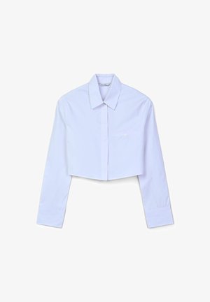 Chemise blanche à manches longues, cropped, avec col pointu, boutons dissimulés et petite poche poitrine boutonnée de Calliope, taille S.