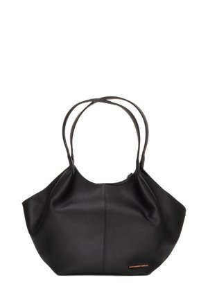 Borsa tote nera in pelle con superficie texture, due manici per spalla e una forma morbida e arrotondata. Presenta un logo del marchio discreto in arancione.