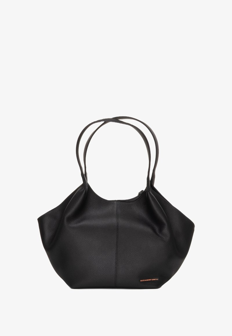 Borsa tote nera in pelle con superficie texture, due manici per spalla e una forma morbida e arrotondata. Presenta un logo del marchio discreto in arancione.