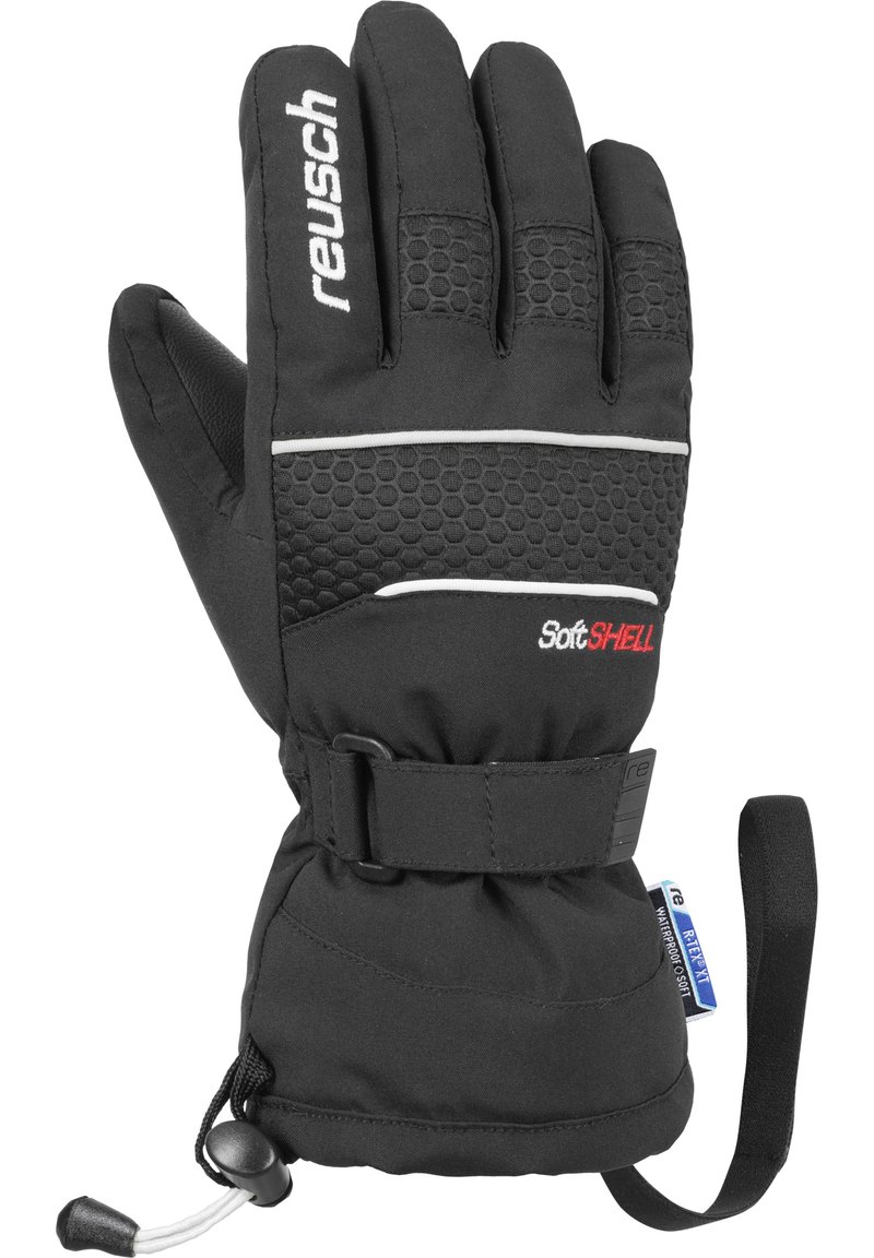 Gants noirs avec une prise texturée, en matériau softshell, sangle de poignet ajustable et poignets à cordon de serrage pour un ajustement confortable. Comprend des éléments de marque et une étiquette étanche.