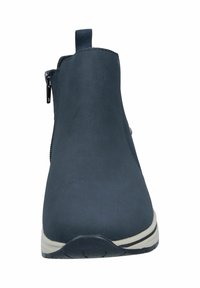 Bottines en matériau bleu marine avec zip sur le côté et finition texturée. Elles présentent une semelle blanche contrastante et une languette à l'arrière pour un enfilage facile.