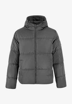Grijze pufferjack met rits aan de voorkant, capuchon en een gewatteerd ontwerp. Bevat twee zijzakken en een zachte, gladde textuur.