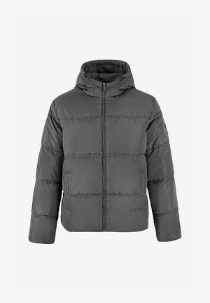 Grijze pufferjack met rits aan de voorkant, capuchon en een gewatteerd ontwerp. Bevat twee zijzakken en een zachte, gladde textuur.