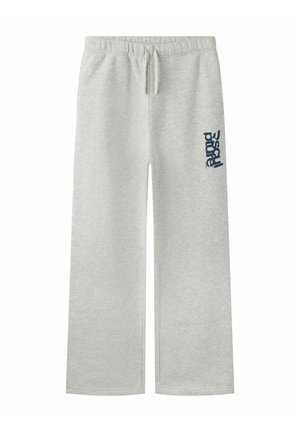Pantalon de survêtement gris clair avec taille élastique et cordon, avec logo texte "scal pure" bleu foncé sur le haut de la jambe gauche.