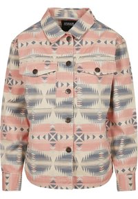 Patterned jacket featuring a pink, blue, and cream geometric design. Made of fabric with button closures and two chest pockets.