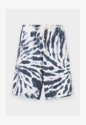 Σορτς tie-dye σε ασπρόμαυρο με ελαστική μέση, κορδόνι με πορτοκαλί και λευκές χάντρες και μικρό λογότυπο στη δεξιά πλευρά.