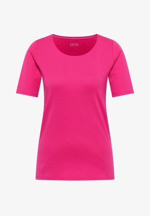 T-shirt a maniche corte di colore rosa acceso con scollatura rotonda, design semplice e piccola etichetta del marchio "Cecil" all'interno del colletto.