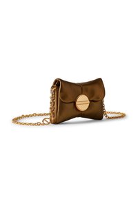 Small bronze leather clutch bag with gold chain strap and round gold clasp engraved with brand name Borbonese.
