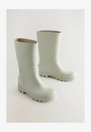 Lysgrå gummistøvler med en glat finish, høj skaft, tekstureret sål og formet design for komfort og stabilitet.