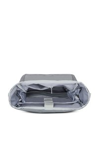 Gray multi-pocket bag with a soft texture, zippered closures, and interior compartments for organization. Open top with a soft fold design.