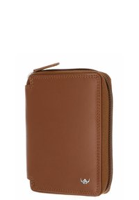 Portefeuille en cuir marron avec coutures visibles, fermeture éclair et petit logo argenté dans le coin inférieur.