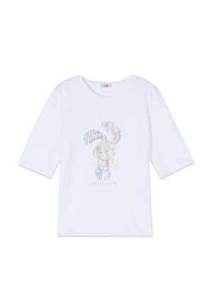 Maglietta bianca a maniche corte con scollo tondo, decorata con un coniglietto di paillettes con ali da angelo e la scritta "LOVE LALALAND" sotto.