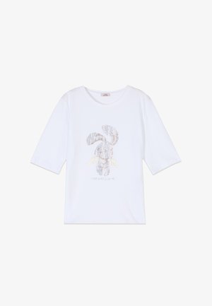 Weißes Kurzarmshirt mit rundem Ausschnitt, verziert mit einem glitzernden Hasen mit Engelsflügeln und dem Text "LOVE LALALAND" darunter.