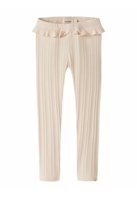 Lichtroze geribbelde legging met een volant tailleband en verticale strepen. Zachte textuur, aansluitend ontwerp en zonder zichtbare hardware.