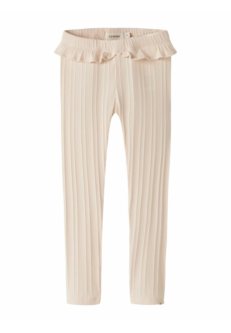 Lichtroze geribbelde legging met een volant tailleband en verticale strepen. Zachte textuur, aansluitend ontwerp en zonder zichtbare hardware.