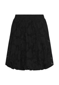 Črna krila do kolen z elastičnim pasom in subtilnim cvetličnim teksturnim vzorcem, rahlo nabrana obroba za učinek balona.