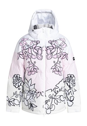 Bílá péřová bunda s růžovými květinovými vzory, černými obrysy, kapucí a předním zipem. Krabicový tvar s elastickými manžetami a lemem.