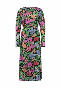 Langsleeve jurk met een bloemmotief in kleuren zoals roze, blauw, groen en oranje, gemaakt van lichte stof met een aansluitende taille.