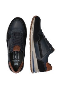 Navy leather sneakers with brown accents, white stitching, and textured rubber soles, featuring lace-up closure and an athletic design.
