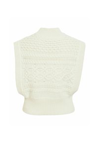 Off-white gebreide trui met een getextureerd kabelpatroon en een hoge hals. Mouwloos ontwerp met een geribde zoom en gedetailleerd breiwerk.