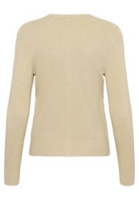 Maglione beige a costine con maniche lunghe, scollo rotondo e taglio dritto. Tessuto morbido con una leggera lucentezza e senza chiusure visibili.